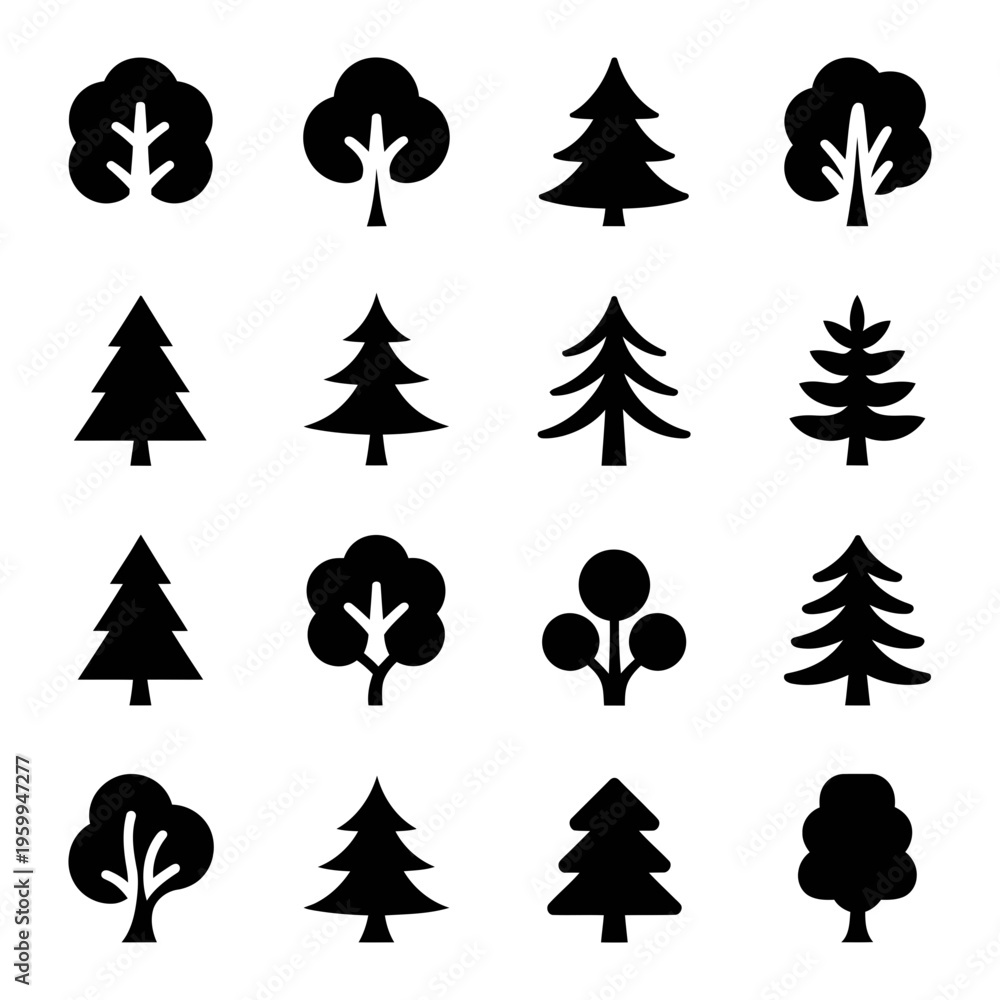 Obraz premium A detailed grid displays sixteen distinct black silhouette icons representing a variety of stylized tree shapes.
