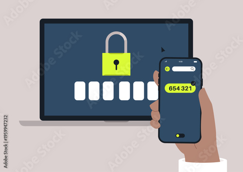 A hand holds a mobile device with a code, while a laptop shows a lock symbol, highlighting the importance of two-factor authentication for a secure digital environment.
