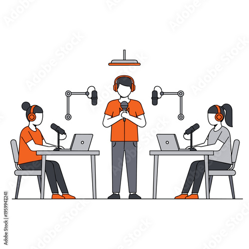 Podcast recording session with two hosts and guest speaker on microphones