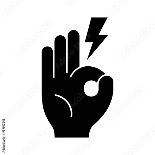 A black silhouette icon depicts an "OK" hand gesture with a lightning bolt positioned slightly above the index finger.