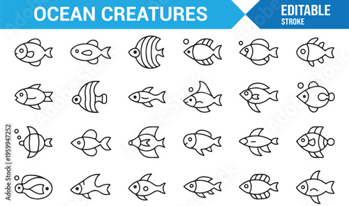 Underwater ecosystem and marine animal symbols collection