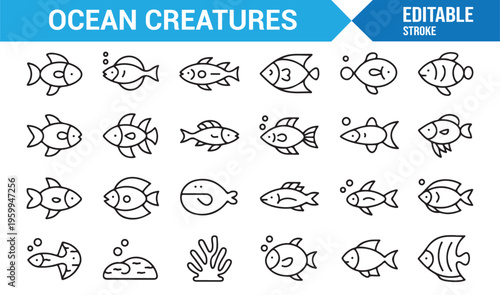 Tropical fish and sea life icons set for design and illustration