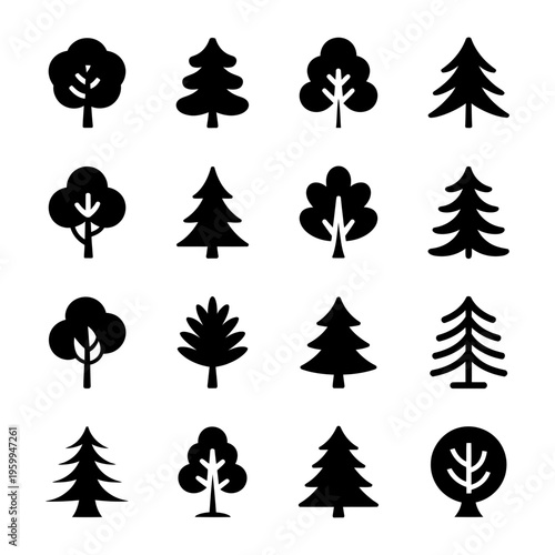 A comprehensive grid presents sixteen unique black silhouette icons, showcasing a broad range of stylized tree designs.