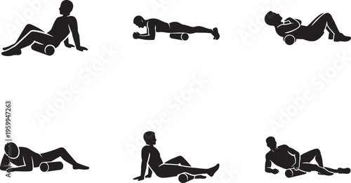 Collection of six black fitness icons showing workout poses with foam roller vector set.