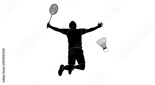 Silhouette of a triumphant badminton player jumping with a racket and shuttlecock, celebrating victory on a white background.