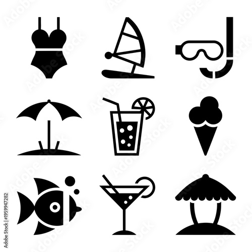 A comprehensive set of nine black silhouette icons represents essential elements of summer beach holidays and vacations.