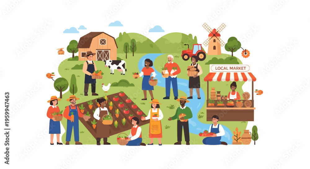 Obraz premium Diverse Farmers & Community Harvest at Local Market. Fresh Organic Produce, Sustainable Agriculture, and Farm-to-Table Lifestyle Illustration.