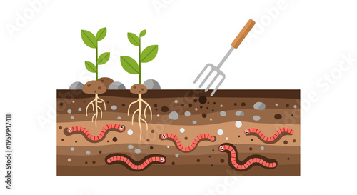 Soil Cross-Section with Growing Plants, Earthworms, and Gardening Fork. Organic Garden, Healthy Soil Ecosystem & Agriculture Illustration.