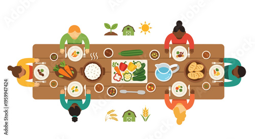 Diverse People Enjoying Healthy Farm-to-Table Meal. Community Dining, Sustainable Food, and Agricultural Abundance Flat Illustration.