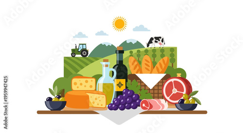 Fresh Farm-to-Table Gourmet Food Illustration with Agricultural Landscape. Cheese, Wine, Olives, Bread, Meat & Grapes on a Rustic Setting.