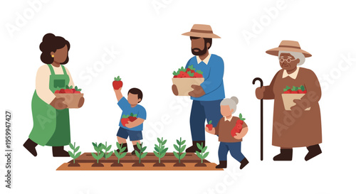 Multi-Generational Black Family Harvesting Fresh Strawberries in Garden. Flat Illustration of Sustainable Organic Farming & Healthy Community Life.