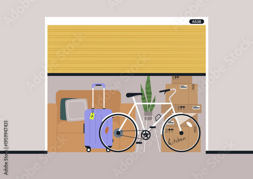 A well-organized storage compartment displays a white bicycle, a purple suitcase, and labeled boxes,  A cozy couch and a green plant provide a welcoming touch to the space.