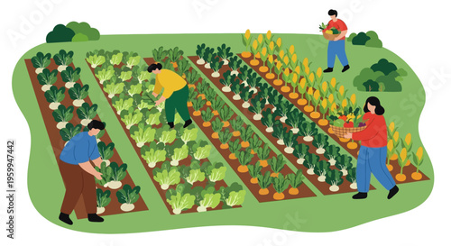 People Harvesting Organic Vegetables in a Community Garden - Sustainable Agriculture Illustration