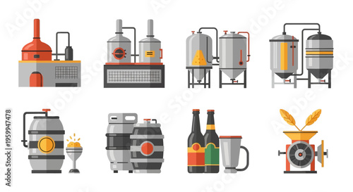 Craft Beer Brewing Process Flat Icons Set: Fermenters, Kegs, Bottles & Ingredients for Microbrewery Production