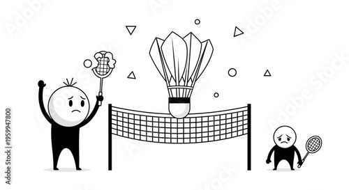 Two sad figures with badminton rackets and a net, one with a broken racket, illustrating frustration in sports.