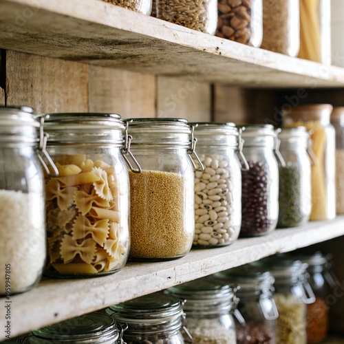 Photo of wooden shelves with various bottles of spices an ingredients