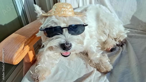 A white dog sits in a chair wearing black glasses and a straw hat. The sun shines brightly as the dog enjoys the warmth, resting comfortably in the heat of the day.