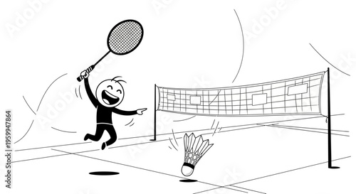 Happy stick figure cartoon character playing badminton on a court, jumping with a racket and shuttlecock near the net in a simple line drawing.