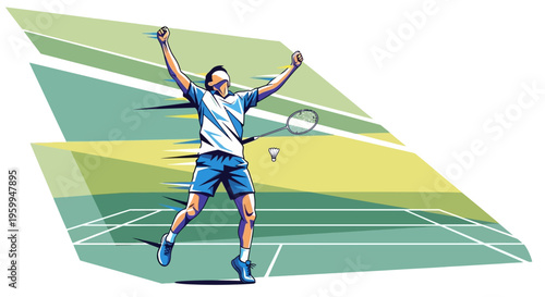 A male badminton player celebrates a victory on a stylized court, raising his arms in triumph after a successful shot.