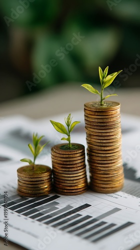 Investment fund concept. Stacked coins with small plant sprouts over chart. Financial growth, success, profit, wealth. Saving money, budget planning, increase passive income, manage investment