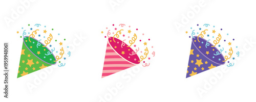 Party popper set with confetti. Birthday celebration surprise fun. Anniversary event holiday decoration. Vector illustration