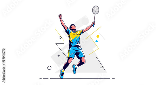 Dynamic illustration of a male badminton player celebrating victory with a racket, jumping in a blue and yellow uniform against an abstract geometric background.