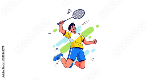 A dynamic illustration of a male badminton player jumping to hit a shuttlecock with a racket, showcasing energy and athleticism in a modern flat design style.