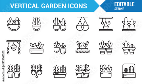 Vertical garden and plant icons collection for urban farming and home decor