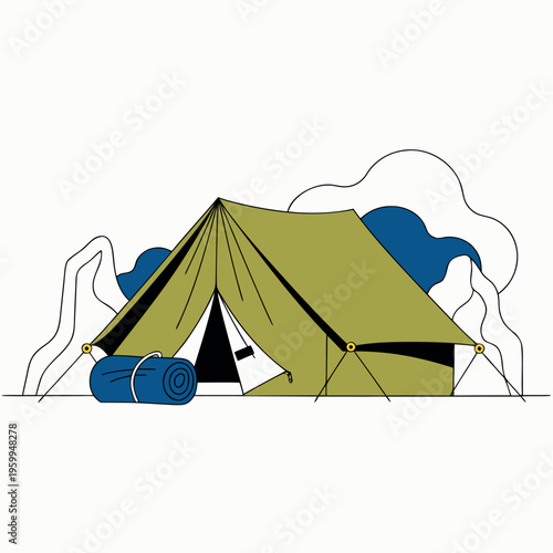 Flat vector illustration of a camping tent with open flap