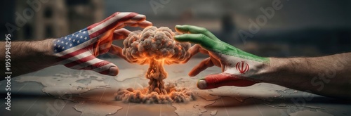 Nuclear conflict between USA and Iran concept. Hands painted with national flags reaching for a mushroom cloud over a world map. Geopolitical tension and war threat illustration