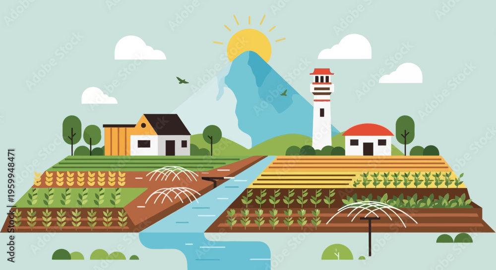 Fototapeta premium Vibrant Flat Design Farm Landscape Illustration: Sustainable Agriculture, Rural Houses, and Irrigation System in a Mountainous Setting