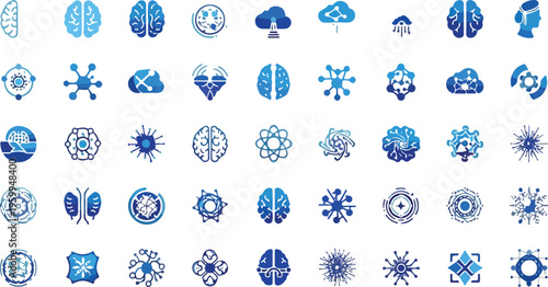 Blue icons, brain symbols, neural network, 40 science illustrations, vector graphics