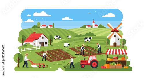 Vibrant Farm Landscape Illustration with Farmers, Tractor, Livestock & Fresh Produce Market
