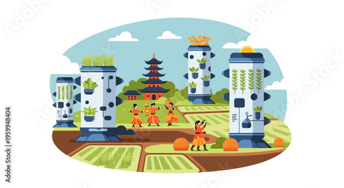 Sustainable Agri-Tech & Traditional Asian Culture: Vertical Farms with Pagoda & Rice Fields