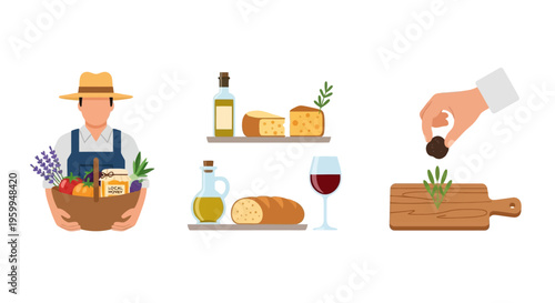 Farm to Table & Gourmet Food Icons: Fresh Produce, Honey, Cheese, Wine, Olive Oil, Truffle, Bread, and Farmer Elements Vector Set
