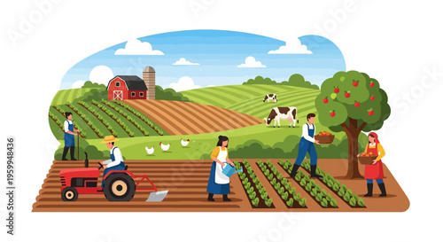 Sustainable Farm Life Illustration: Farmers Working in Fields, Harvesting Crops, Raising Animals, and Tractor Plowing Rural Landscape