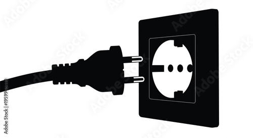 Black plug inserted into a white electrical outlet simple silhouette