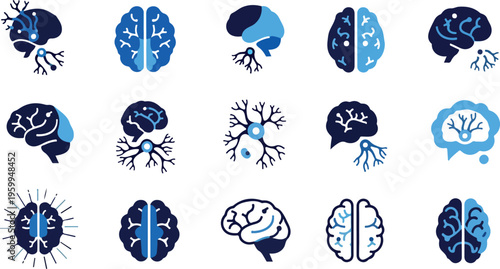 Brain, human brain, mind, mental health, 20 blue and white icons