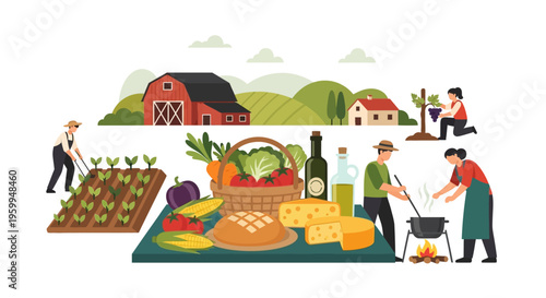 Sustainable Farm to Table Journey: Agriculture, Fresh Produce & Homemade Food Production Vector Illustration