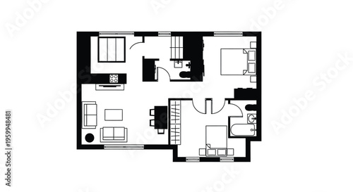 Black and white floor plan of a modern home interior architectural silhouette