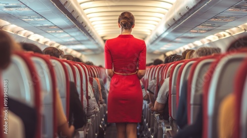 Wallpaper Mural Vacation travel trip journey in holiday season. A woman in a red flight attendants uniform standing in the aisle of an airplane, surrounded by passengers seated in chairs. Torontodigital.ca