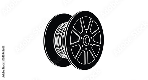 A black and white illustration of a cable spool focusing on its form silhouette