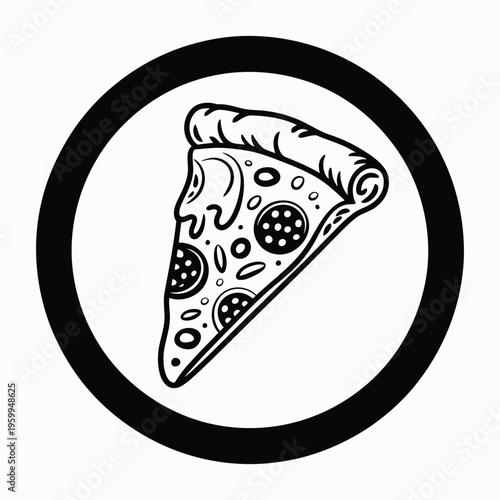 A delicious slice of pizza with various toppings inside a black circle Vector
