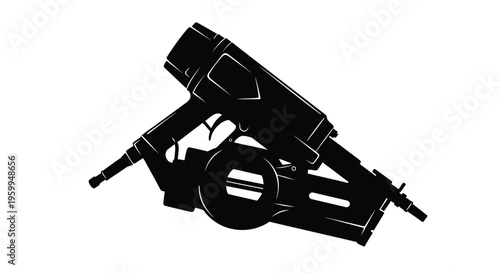 Detailed illustration of a nail gun viewed from above black silhouette