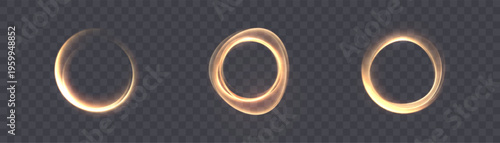 Golden glowing light rings showing abstract cosmic element. Bright round shapes providing special effects for design overlays