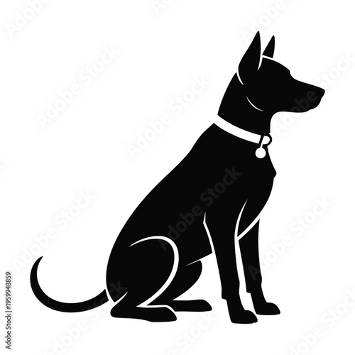 A black silhouette of a dog sitting with a collar and tag, symbolizing loyalty and companionship Vector
