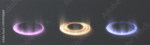 Three colorful glowing light circles creating abstract energy platforms with bright rays, suitable for gaming or sci-fi themes