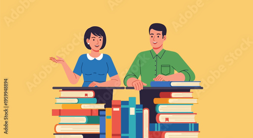 Two people sitting behind books.