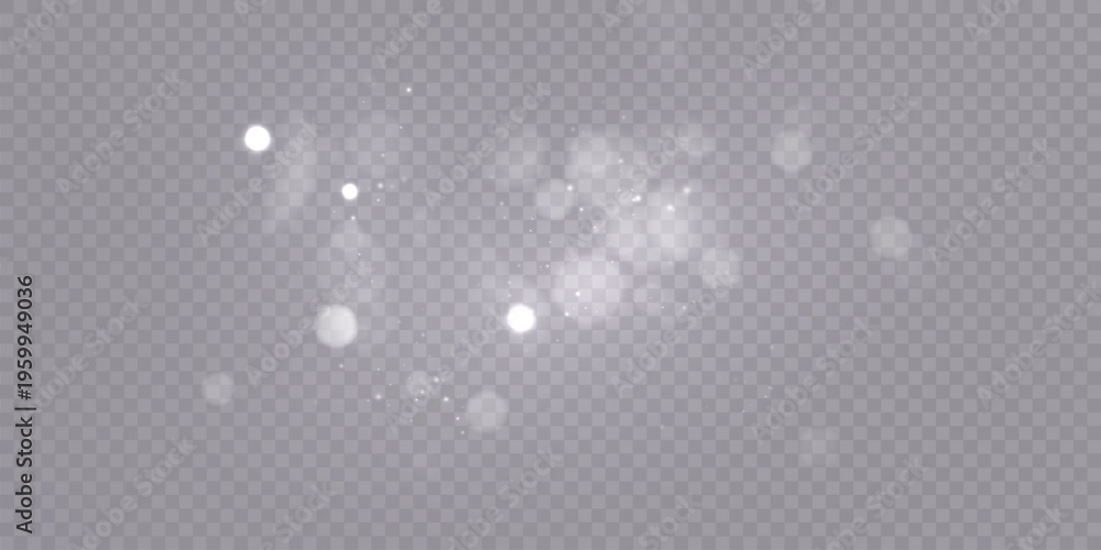 Fototapeta premium Soft white bokeh lights with glowing particles and blurred circles, isolated sparkle overlay for festive backgrounds, magic effects and luminous designs.