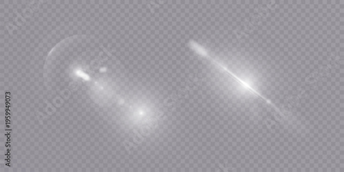 Bright lens flare set creating a radial glare and horizontal light streak for overlays and visual effects